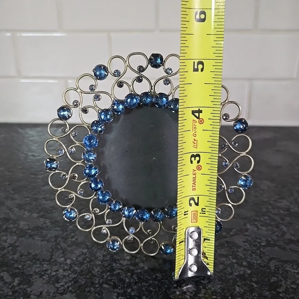 Gold Metal Round Frame Bedazzled with Blue Gem Stones